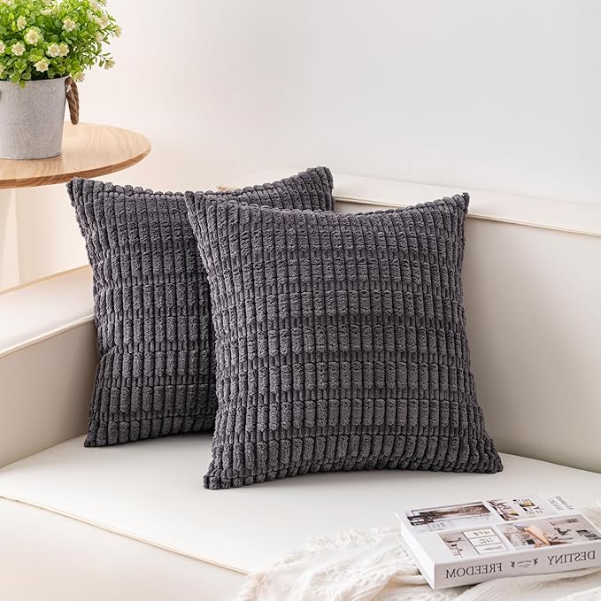 Pack of 2 Corduroy Decorative Throw Pillow Covers 18x18 InchSoft Boho Striped Pillow Covers Modern Farmhouse Home Decor for Sofa Living Room Couch Bed（Dark Grey）