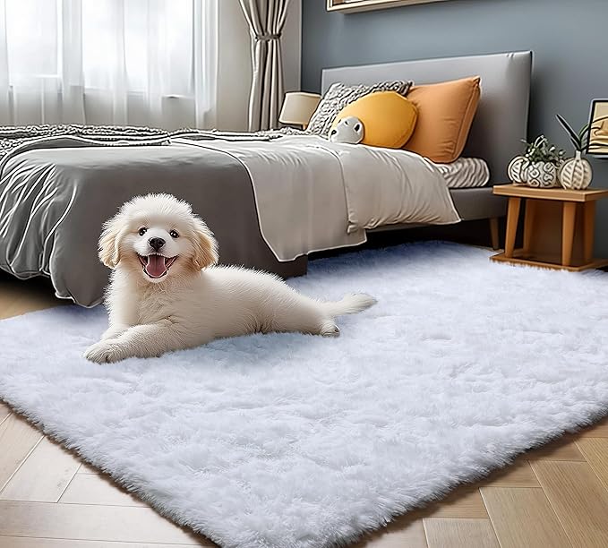 ONASAR White Rugs for Bedroom, 3x5 Fluffy Shaggy Bedside Area Rug, Soft Plush Shag Small Floor Carpet for Preppy Dorm Nursery Living Room Teen Kids Girls Boys Baby Toddler Indoor Home Decor