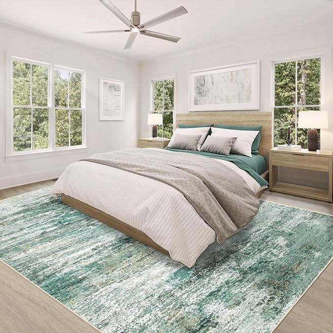 9x12 Area Rug for Living Room, Washable Modern Abstract Large Area Rug Neutral Soft Non Slip Kids Rug Stain Resistant Indoor Carpet for Bedroom Dining Room Playroom Office(Green, 9'x12')
