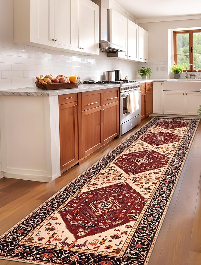 SERISSA Runner Rug for Hallways, 2'6"x12' Washable Non Slip Kitchen Runner Rug, Extra Long Boho Rug Ultra Soft Vintage Red Black Print Floor Carpet for Bedroom Hallway Entryway Bathroom Laundry Room