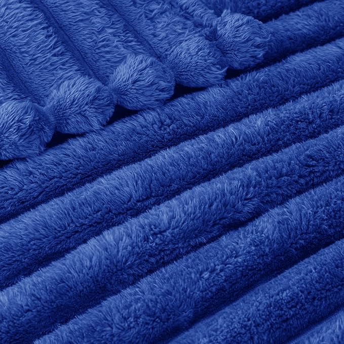 Exclusivo Mezcla Twin Size Flannel Fleece Blanket, Super Soft Striped Jacquard Bed Blanket, Lightweight Fuzzy Cozy for All Seasons, 60x80 Inches, Cobalt Blue