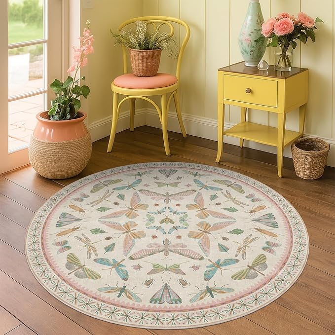 Boho Light Pink Round Rugs for Kids Bedroom - 4 ft Unique Circle Area Rugs for Baby Nursery, Washable Low Pile & Soft Cute Throw Rugs for Living Room, Playroom, Reading Corner, Fun Insect Décor