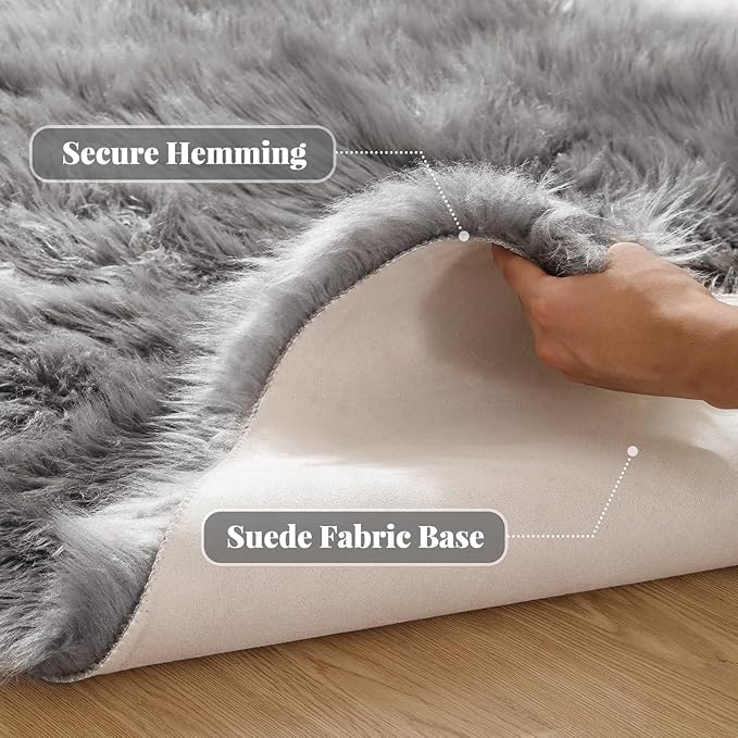 ORINOVA Silver Grey Washable Shaggy Round Rugs 6.6ft Large Faux Sheepskin Fur Rugs for Living Room Bedroom Circle Nursery Rug