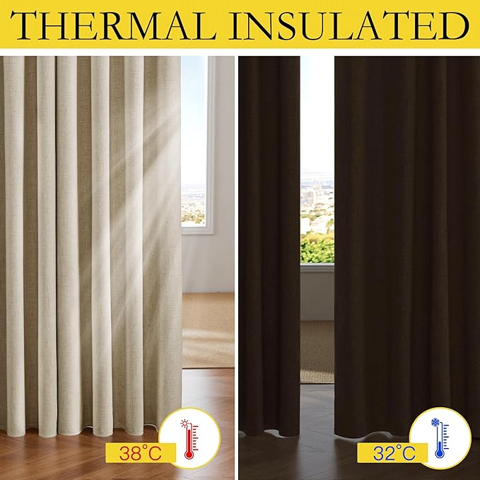 NICETOWN Cream 100% Blackout Linen Curtains 90 inch Long Burg for Living Room, 1 Pair, 42" Width Each Panel, Farmhouse Thick Completely Blackout Window Treatment Thermal Insulated Drapes
