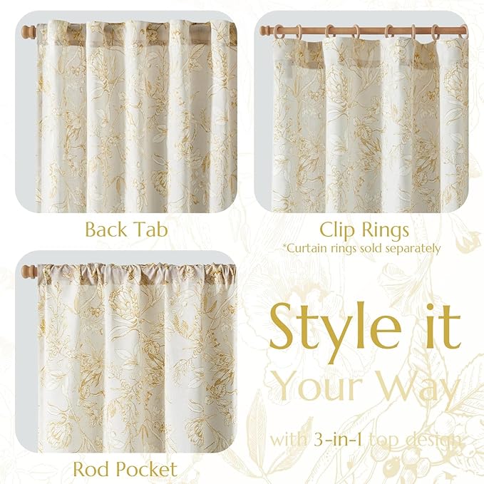 jinchan Floral Curtains 96 Inches Long Mustard Yellow Flower Linen Farmhouse Curtain for Living Room French Country Vintage Curtain Rod Pocket Curtains Set 2 Panels Floral Printed