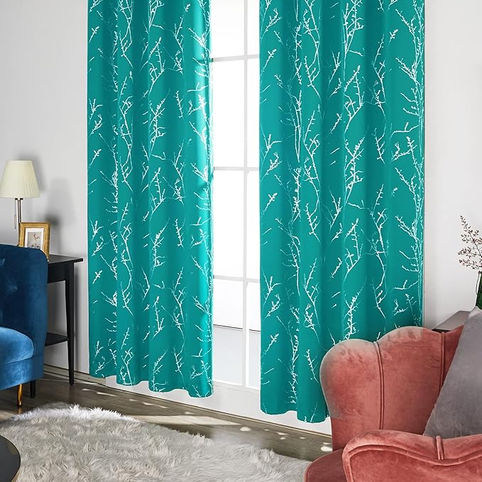 Deconovo Blackout Curtains, Thermal Insulated Soundproof Drapes with Tree Foil Print, 52 x 72 Inch, Set of 2, Machine Washable Window Curtain for Bedroom Living Room Nursery Kitchen Office, Turquoise