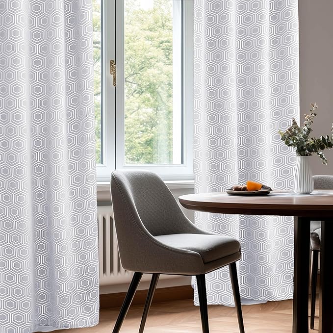 Deconovo White Curtains, Room Darkening Living Room Curtain, Thermal Insulated Soundproof Drapes, Hexagon Silver Print Pattern, 52 x 72 Inch, Grommet Panel for Bedroom Kitchen Office Nursery, Set of 2