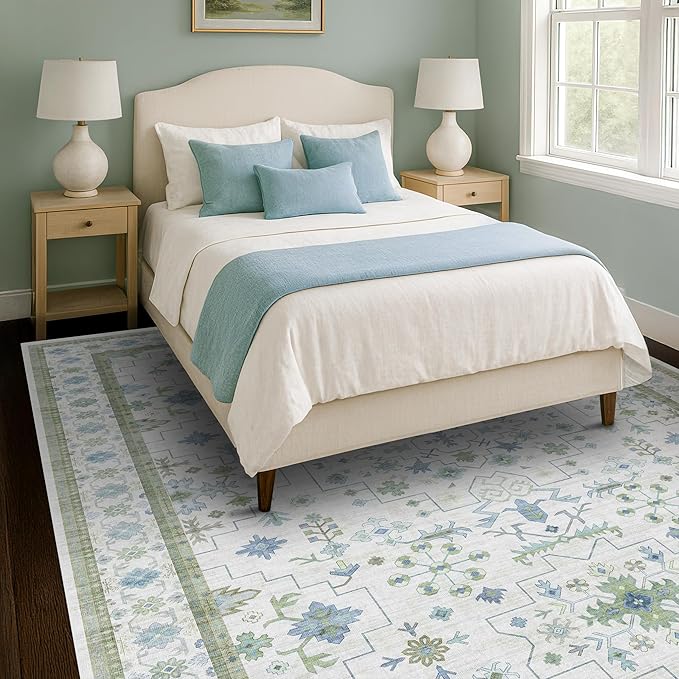Cream Green Large 8x12 Area Rug for Living Room - Washable Non Skid Geometric Floral Carpet for Dining Room, Playroom, Bedroom - Blue and Green Soft Floral Rug
