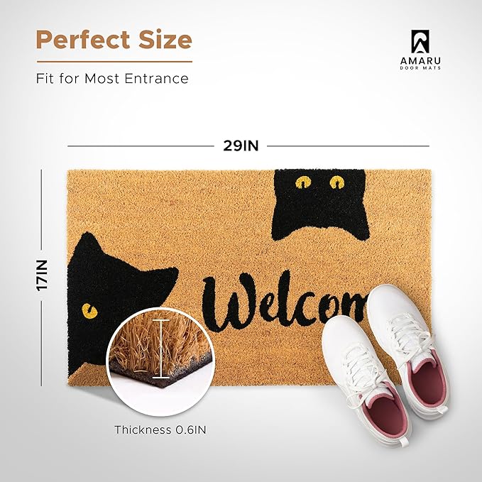 Welcome Cats - 17"x29" - Coir Door Mat with Heavy Duty Backing - Welcome Mats for Entryway, Porch - Anti-Slip PVC & Coconut Fiber Surface - Natural Home Accessories, Minimalist Original Design