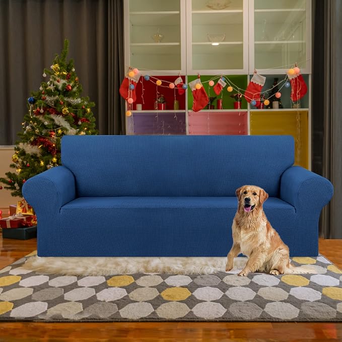 KEKUOU Stretch Sofa Cover Slipcover ，Couch Covers for 3 Cushion Couch Sofa pet Friendly (78"-94") Furniture Protector Sofa with Elastic Bottom for Kids,Dog, Jacquard Small Checked(Large,Classic Blue)