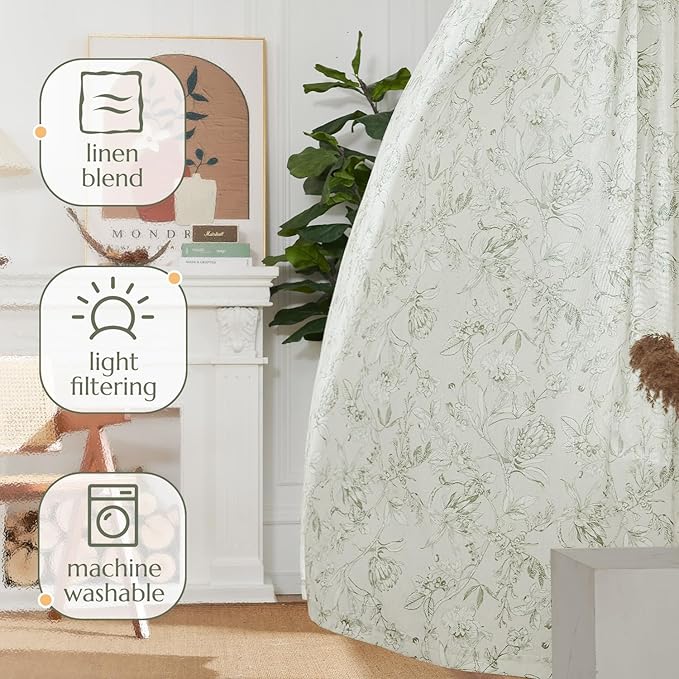jinchan Floral Curtains 63 Inch Length Sage Green Flower Linen Farmhouse Curtain for Living Room French Country Vintage Curtain Rod Pocket Curtains Set 2 Panels Floral Printed