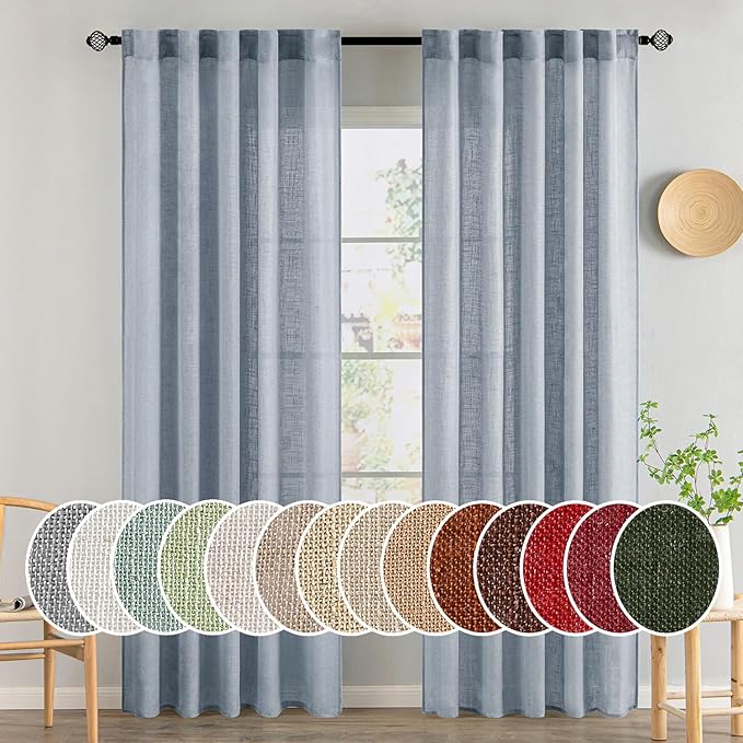 MIULEE Chambray Blue Linen Curtains 108 Inches Long 2 Panels for Bedroom Living Room, Soft Linen Textured Window Drapes Semi Sheer Light Filtering Back Tab Rod Pocket Farmhouse Burlap Look Decor