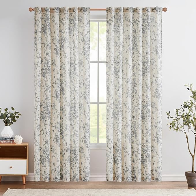 jinchan Linen Blend Curtain Floral Curtains for Living Room 84 Inch Length Grey Printed Curtain Rod Pocket Back Tab Farmhouse Peony Flower Patterned Drapes Bedroom Window Curtains Set 2 Panels