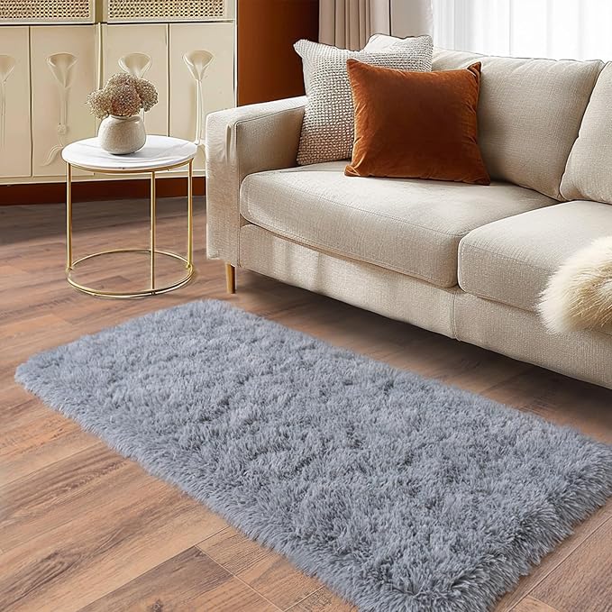 Soft Runner Rugs for Bedroom Hallways, 2x4 Grey Fluffy Shag Throw Area Rug Non Slip for Bedside Dorm, Long Shaggy Furry Carpet for Nursery Living Room