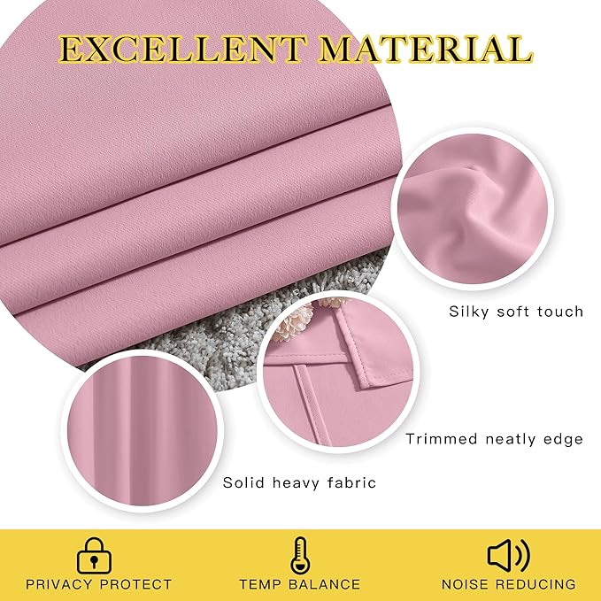 NICETOWN Crystal Pink Short Curtains for Girls Room, Grommet Kitchen Window Curtains Thermal Short Drapes Room Darkening for Cafe, 2 Panels, W52 x L36