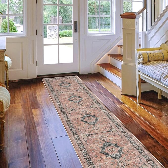 Hallway Washable Runner Rug - 2x10 Kitchen Rugs Entryway Rug Runner Vintage Soft Floor Mat Non Slip Indoor Farmhouse Carpet for Bathroom Living Room Bedroom (2 X 10, Orange)