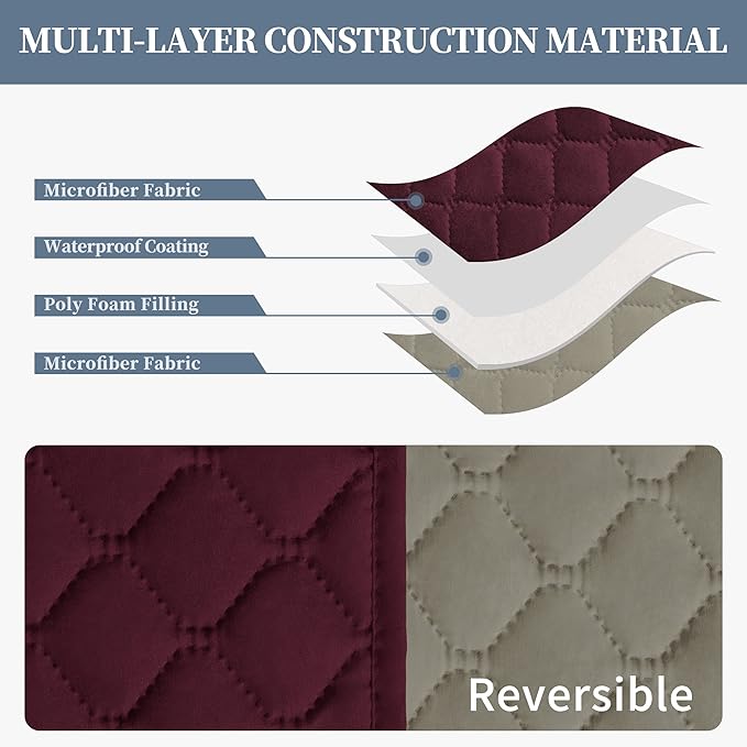 ISSUNTEX Double Protection 100% Waterproof Sofa Covers for Living Room, Couch Covers for 3 Cushion Couch Sofa, Reversible Furniture Protector Sofa Cover for Dogs, Pets, Kids (Sofa, Wine/Beige)