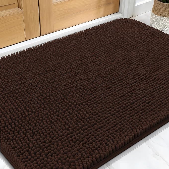 OLANLY Dog Door Mat for Muddy Paws 32x20, Absorbs Moisture and Dirt, Absorbent Non-Slip Washable Doormat, Quick Dry Chenille Mud Mat for Dogs, Entry Indoor Entryway Carpet for Inside Floor, Brown