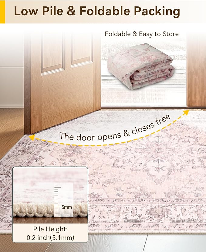 RELEANY Area Rugs 2'x5' Runner Rug Non Slip Washable for Kitchen Hallway Bedroom Beside Laundry Room Bathroom Rug, Floor Carpet, Pink Greypink Cute