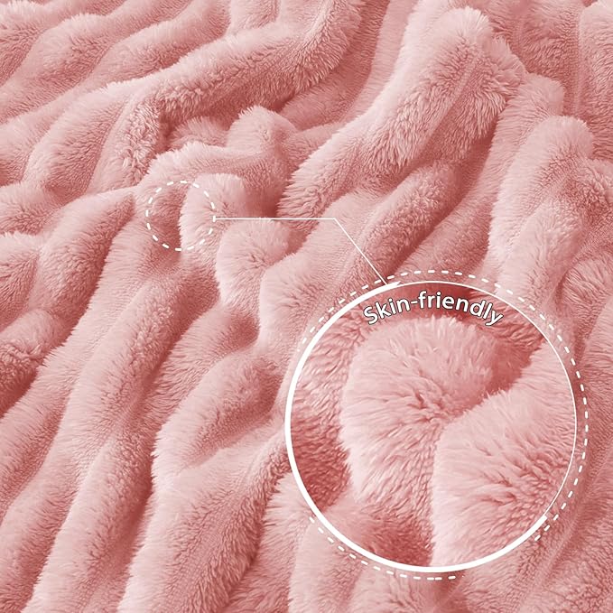 Exclusivo Mezcla Queen Size Flannel Fleece Blanket, Super Soft Striped Jacquard Bed Blanket, Lightweight Fuzzy Cozy for All Seasons, 90x90 Inches, Pink