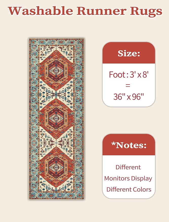 SERISSA Runner Rug for Hallways, 3x8 Washable Non Slip Kitchen Runner Rug, Long Boho Rug Vintage Orange Hallway Stair Ultra Soft Print Floor Carpet for Bedroom Bathroom Laundry Room