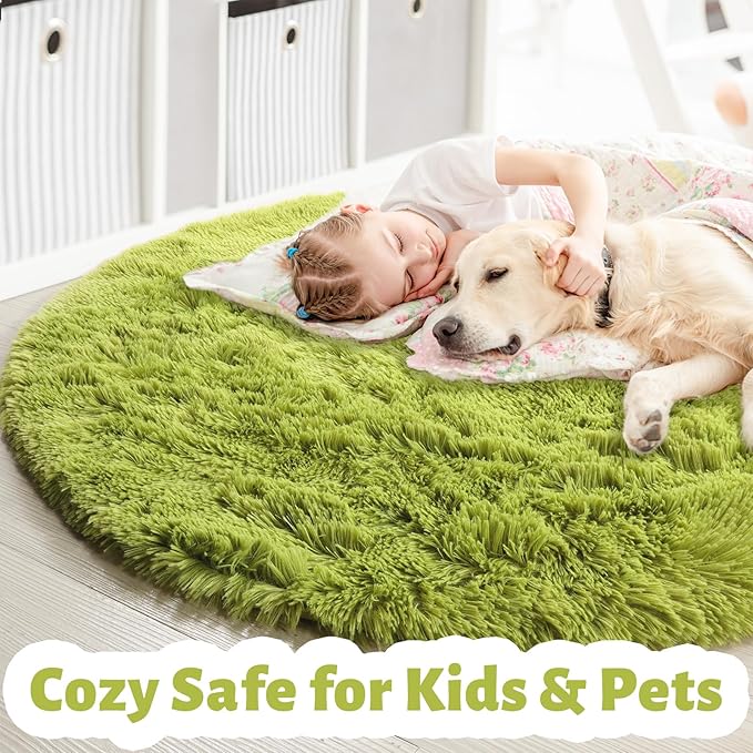 Amdrebio Grass Green Round Area Rug 7Ft for Living Room Bedroom Decor Aesthetic, Large Fluffy Shaggy Fuzzy Circle Rugs for Baby Nursery Kids Playroom, Big Soft Shag Floor Circular Modern Cool Carpet