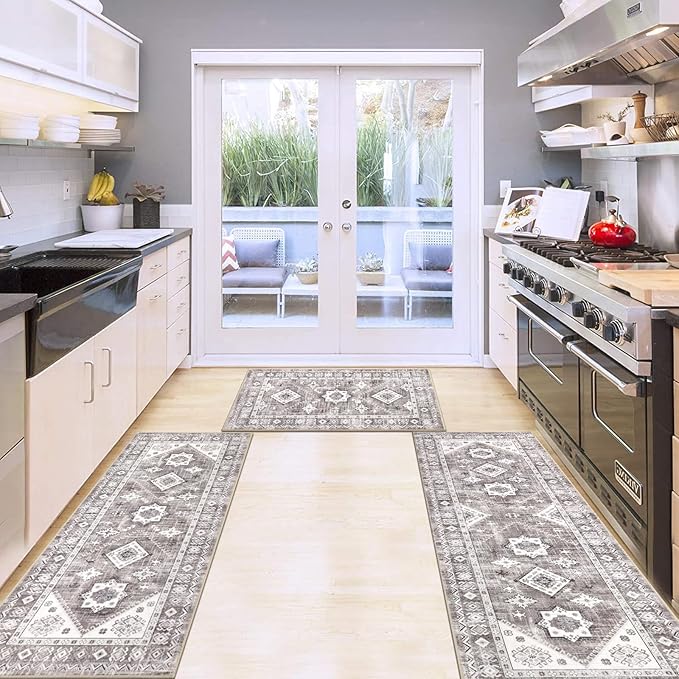 HEBE Boho Kitchen Rug Sets 3 Piece with Runner Non Slip Kitchen Rugs and Mats Washable Kitchen Mats for Floor Thick Kitchen Floor Mat Carpet Runner Rugs for Hallway Laundry Holiday Decor