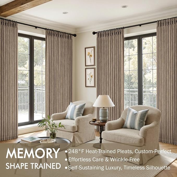 MIULEE Pinch Pleated Thick Linen Curtains 96 Inches Long 2 Panels for Living Room Bedroom, Linen Memory Trained Drapes Back Tab Light Filtering Country Farmhouse Burlap Brown Curtains with Hooks