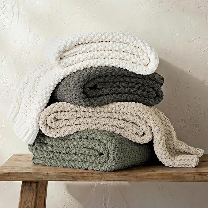 EVERGRACEHOME Chunky Chenille Knit Throw Blanket for Couch, Soft Luxurious Moss Stitch Blankets for Bed, Cozy Decorative Farmhouse Knitted Throws for Sofa, Bright White, 60" x 80"