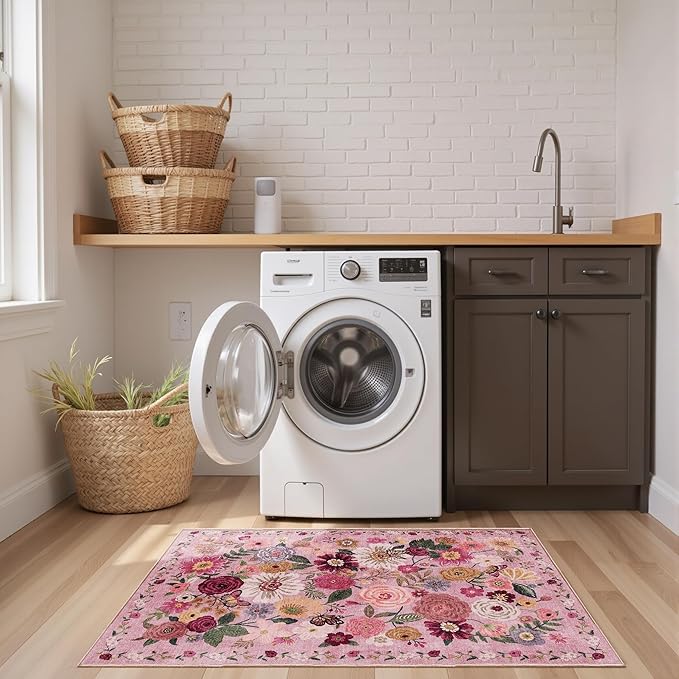 2x5 Entryway Runner Rugs, Non Slip Washable Rugs with Rubber Backing Soft Floral Carpet Runner for Kitchen, Laundry, Bedroom, Bathroom(2 x 5, Pink Garden)