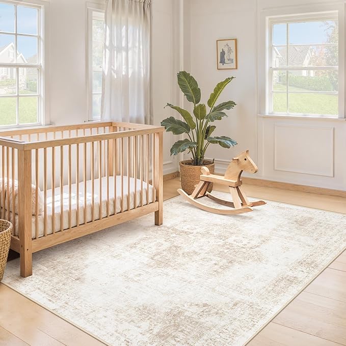 Area Rug 4x6 Washable Rug, Vintage Boho Medallion Rugs Non-Slip Soft Low Pile Distressed Rug Indoor Retro Carpet for Living Room Bedroom Dining Room Home Office (Beige, 4'x6')
