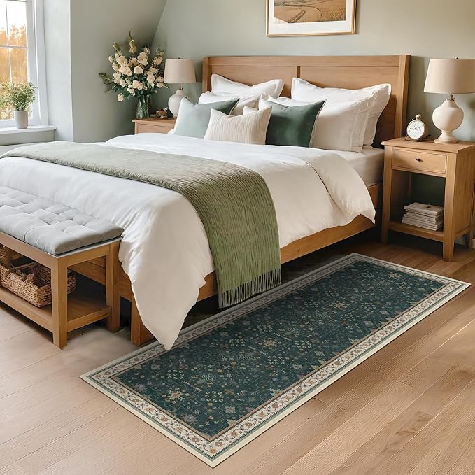 Hazo Haus Dark Green 2x6 Kitchen Rug - Modern Vintage Boho Eclectic Floral with Brown Accent, Washable Low Pile Non-Slip Runner Rugs for Bathroom, Door Mat Indoor Entrance, Hallway, Bedroom, Laundry