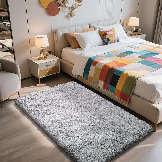 Shag Area Rug for Bedroom 3x5,Grey Fluffy Area Rugs for Living Room,Soft Fuzzy Rug Non-Shedding Indoor Plush Carpet for Kids Bedroom Nursery Dorm Home Decor