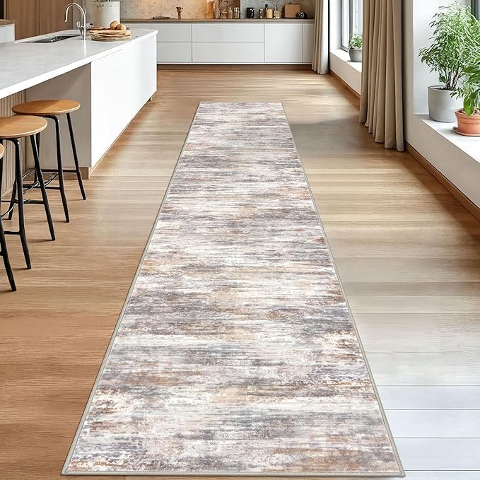KOZYFLY Modern Abstract Washable Rug Runner 2.6x14 Hallway Rug Runner Non-Slip Soft Kitchen Runner Rugs, Multi Grey/Orange Striped Carpet for Entryway Bathroom