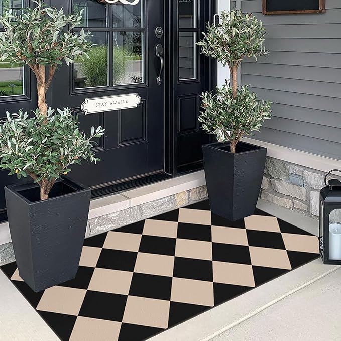 Front Door Mat Indoor Entrance - 2x4.3 Ft Black Tan Non-Slip Washable Outdoor Porch Rug Doormats Geometric Checkered Diamond Layered Rug for Front Door Kitchen Hallway Bedroom Laundry Room