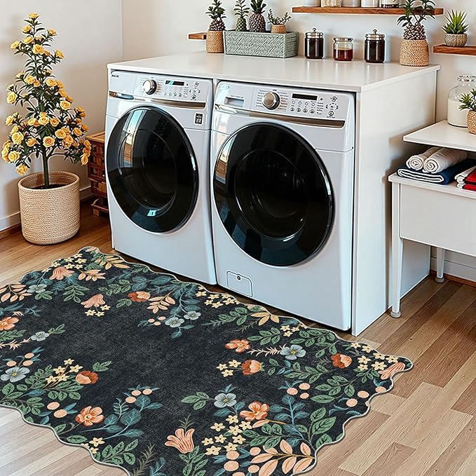 Black Floral Entry Rug - 3x5 Ft Washable Indoor Outdoor Mats for Front Door Porch Rug Non-Slip Spring Door Mat Boho Throw Rugs for Living Room Bedroom Entryway Kitchen Office Porch Decor