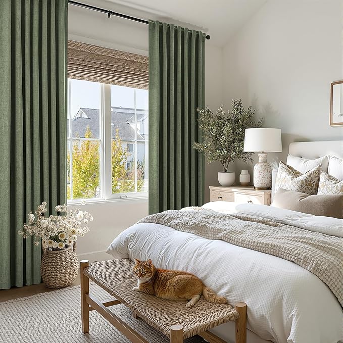 MIULEE 100% Blackout Linen Curtains for Bedroom, Olive Green Solid Luxury Decor Thermal Insulation Room Darkening Drapes for Living Room Nursery Back Tab Rod Pocket 42 x 72 Inches, 2 Panels