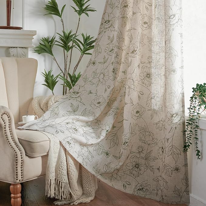 jinchan Floral Linen Curtains for Living Room 63 Inch Length Green Flower Curtain Rod Pocket Back Tab Farmhouse Curtains with Printed Floral Bedroom Window Curtain Set, 2 Panels Green