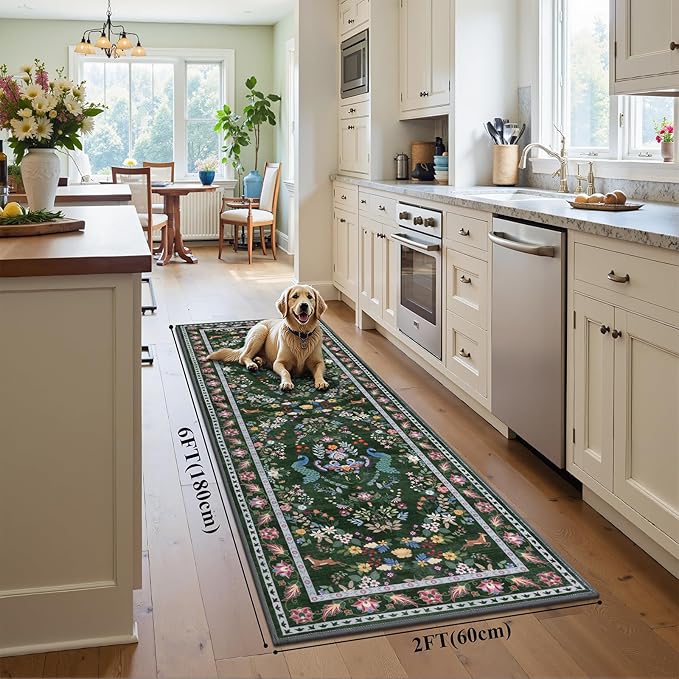 HEBE Washable Hallway Runner Rug 2'x 6' Non Slip Kitchen Rugs Runner,Low Pile Entryway Rug Laundry Room Mat Floral Carpet Runners for Hallways, Kitchen,Bathroom,Laundry,Bedside Rug
