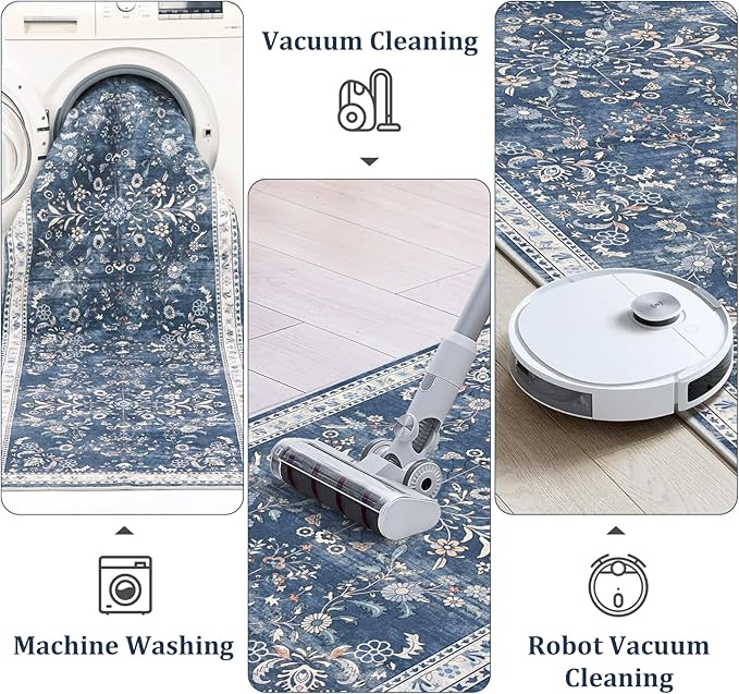 Yamaziot Washable Runner Rug 2x8 – Non Slip Boho Floral Hallway Runner Rug with Rubber Backing, Low Pile Wool Distressed Carpet for Kitchen, Laundry, Bedroom, Entrance, Blue