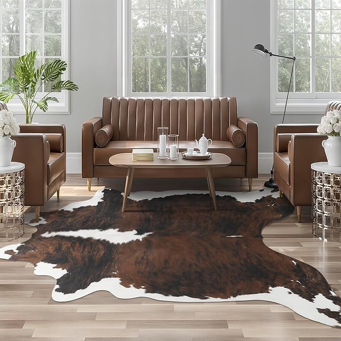 AROGAN Western Decor Faux Fur Cowhide Rug, 4.6x5.2 Feet Premium Animal Skin Cow Hide Rug, Sturdy Cow Print Rugs for Wall Decor, Western Floor Carpet for Bedroom Living Room, Black and Brown