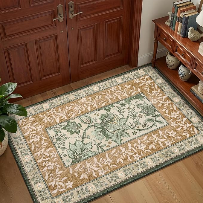 GarveeHome Terracotta Olive Sage Green Washable 5x7 Area Rugs, Botanical Grove Vintage Cottage core Non-Slip Rug for Bedroom Living Room Nursery Kitchen Low-Pile Retro Carpet