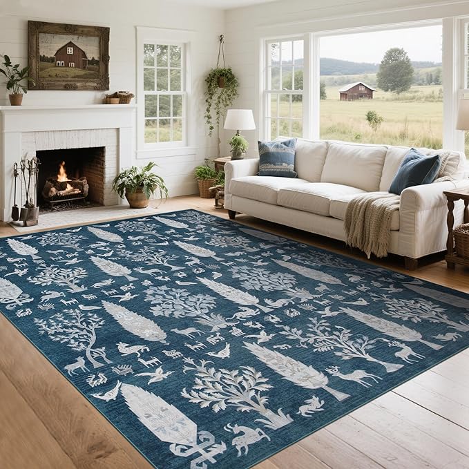 Washable Rugs 8x10 Area Rugs for Living Room,Bedroom,Dining Room- Large Ultra Soft Faux Wool Retro Carpet,Non Slip&Non-Shedding Low Pile Vintage Print Rug for Home Office Dorm Playroom-Blue