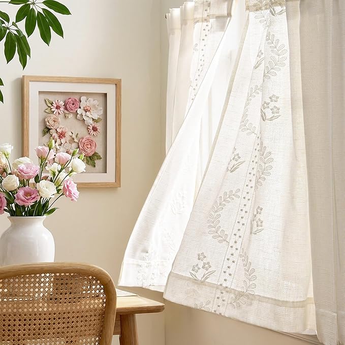 jinchan Belrose Linen Floral Kitchen Curtains 24 inch Length Embroidered Farmhouse Cafe Curtains for Living Room Bathroom Small Windows Curtain Set Sheer Light Filtering 2 Panels White