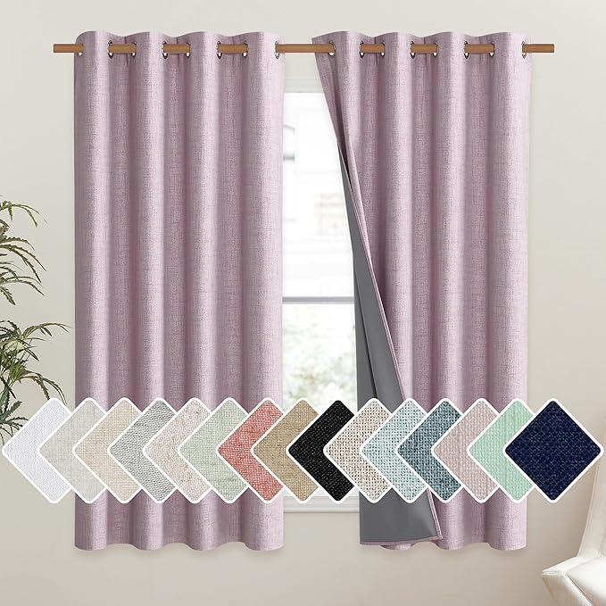 NICETOWN Pink Vintage Linen 100% Blackout Curtains for Living Room, Thermal Insulated Curtains 48" Long, Noise Reducing Window Treatment Drapes for Hall Room, 52" Wide Per Panel, Set of 2