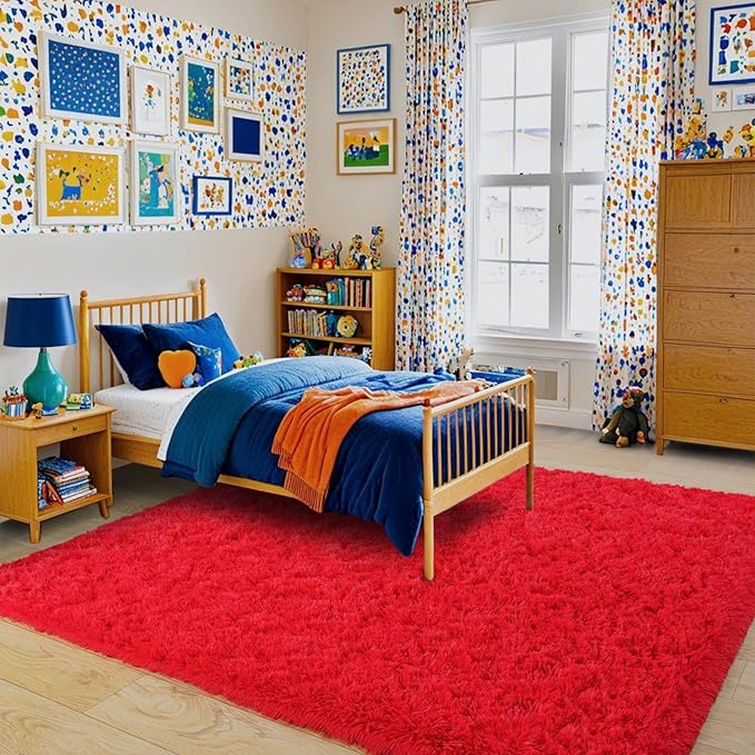 Pionblank Large Rug for Living Room 6x9 Feet, Modern Soft Shag Area Rug, Plush Fuzzy Carpet for Bedroom Girls Boys Room Home Nursery Teens Dorm Decor, Red