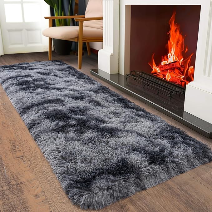 Ultra Soft Runner Rugs for Bedroom Hallways with Upgraded Non-Slip Rubber Backing & Thick Memory Sponge, 2 Packs 2x6 Feet Fluffy Shag Throw Area Rug for Bedside Dorm Tie-dye Dark Grey