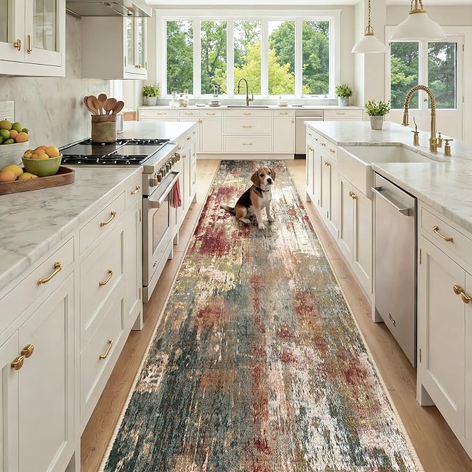 Washable Area Rugs 3x12 Non-Slip Modern Abstract Soft for Living Room Entryway Bedroom Nursery, Print Pattern, Brown Rust Red Green Blue Multi