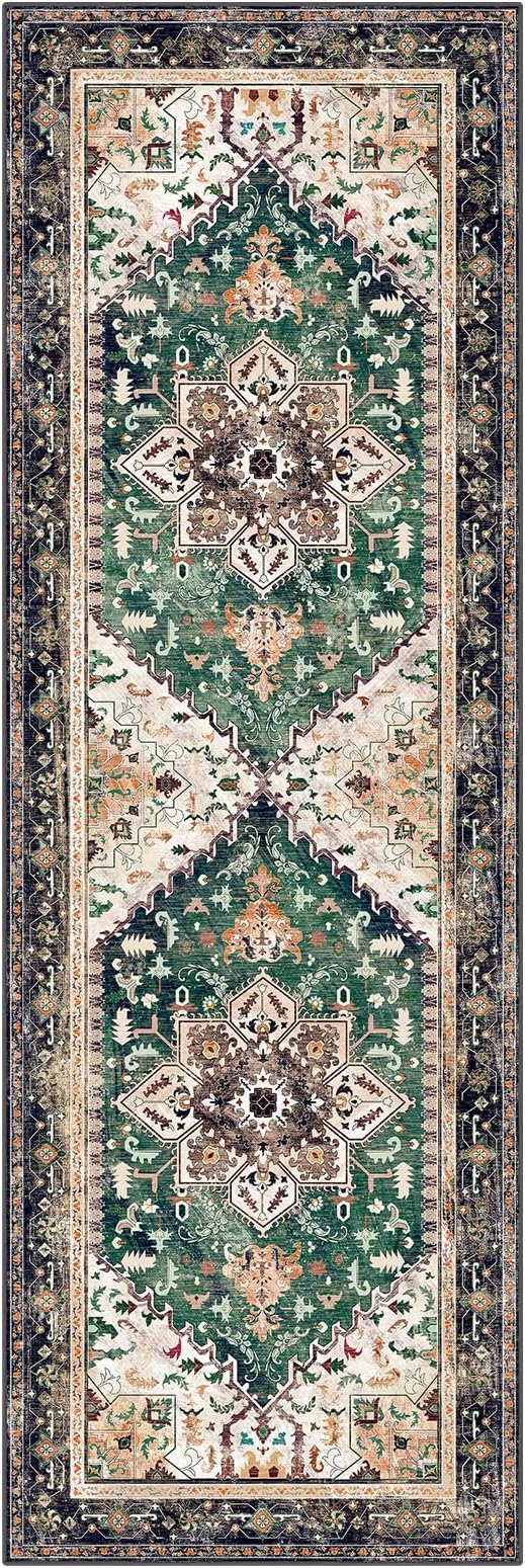 Yamaziot Washable Runner Rug, 2x6 Non-Slip Boho Vintage Hallway Rug Runner with Rubber Backing, Stain Resistant & Low Pile Faux Wool Distressed Carpet Runner for Kitchen, Laundry, Entrance