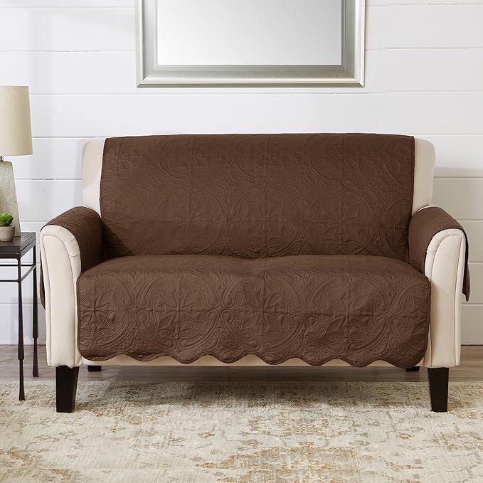 Great Bay Home Reversible Loveseat Cover - Washable Slipcover Furniture Protector with Elastic Straps - Perfect for Kids & Pets - Quilted & Stitched Detail (Chocolate/Taupe)